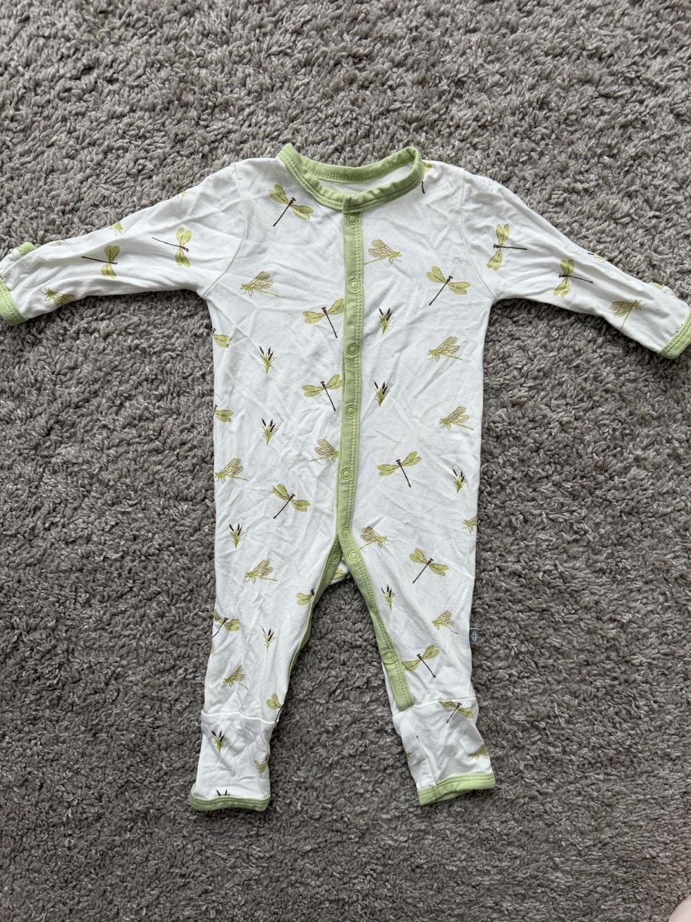 Kyte BABY White Footie with Light Green Trim and Dragonfly Print